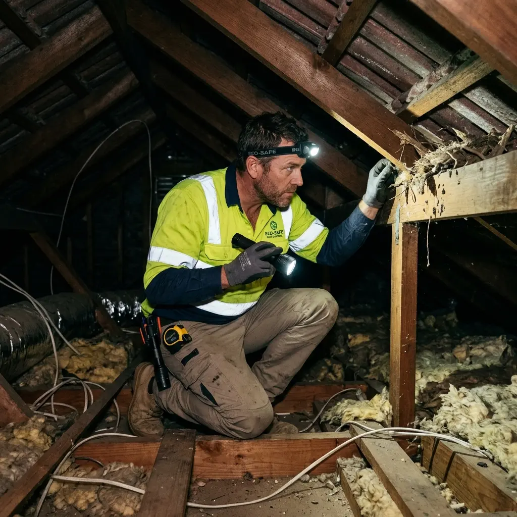 Technician inspecting a roof cavity for a dead animal in Ballarat Central